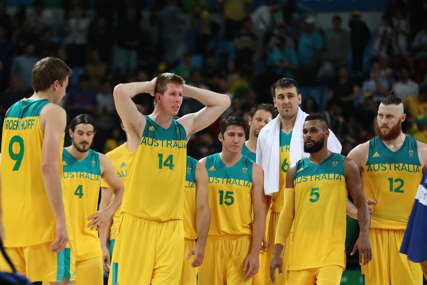 Australia's Boomers look on after losing the Rio 2016 bronze-medal match to Spain