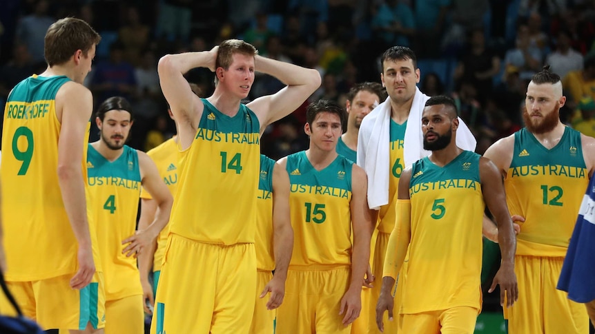 Australia's Boomers look on after losing the Rio 2016 bronze-medal match to Spain