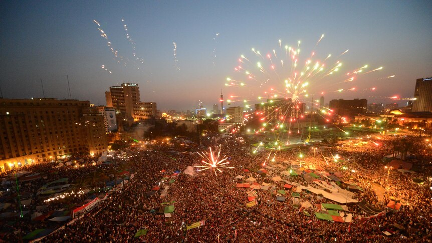 Egyptians in Cairo's Tahrir Square celebrate the victory of Muslim Brotherhood's candidate Mohamed Mursi.