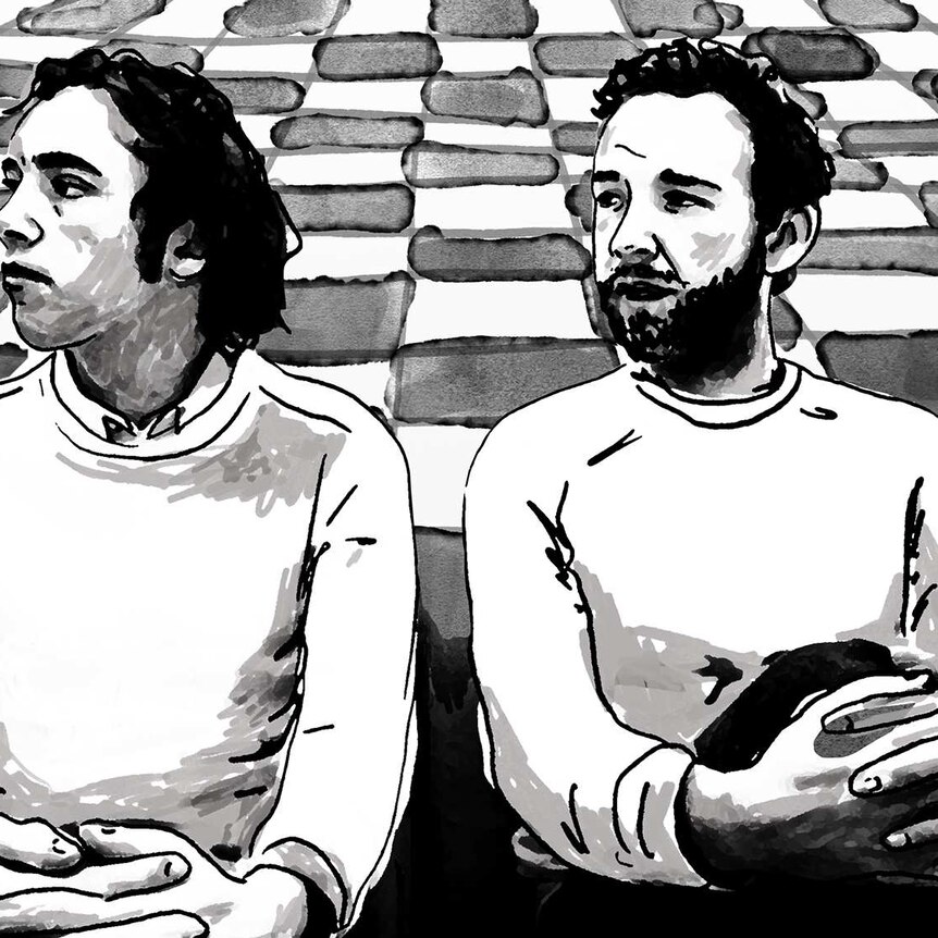 A black and white illustration of Belgian brothers David and Stephen Dewaele of Soulwax and 2manydjs on a chequered background