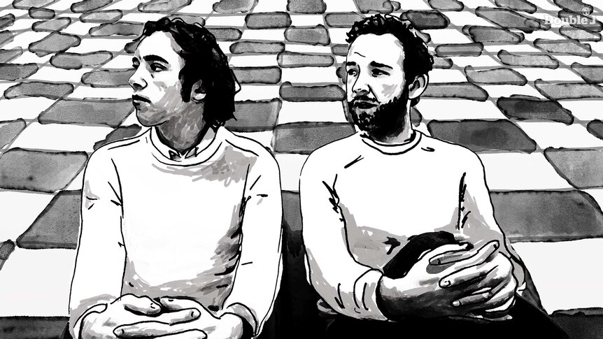 A black and white illustration of Belgian brothers David and Stephen Dewaele of Soulwax and 2manydjs on a chequered background