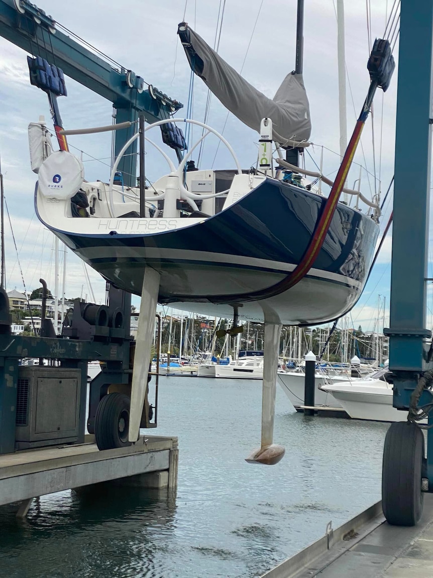 Huntress yacht on a hoist.