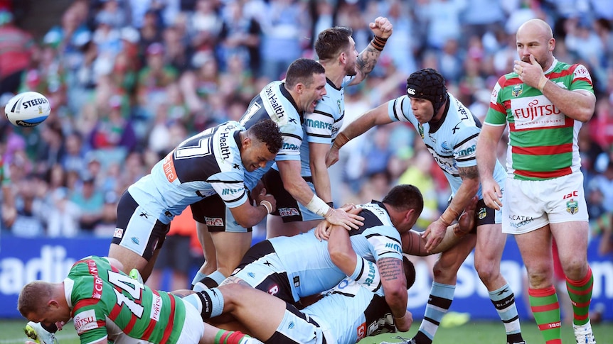 Sharks players celebrate a try against Rabbitohs