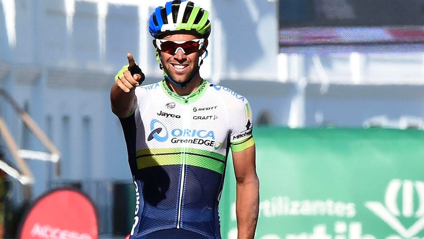 Australian cyclist Michael Matthews celebrates his stage three win at the Tour of Spain 2014.