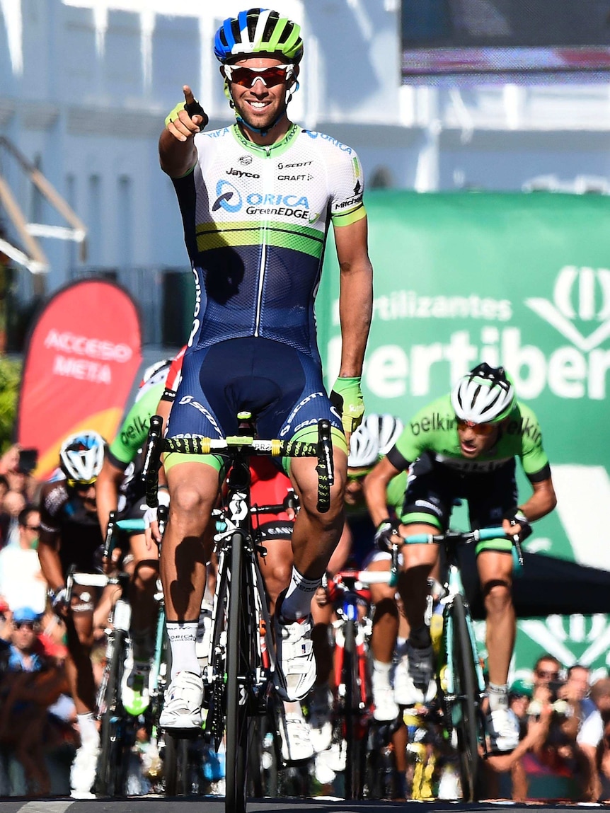 Australian cyclist Michael Matthews celebrates his stage three win at the Tour of Spain 2014.