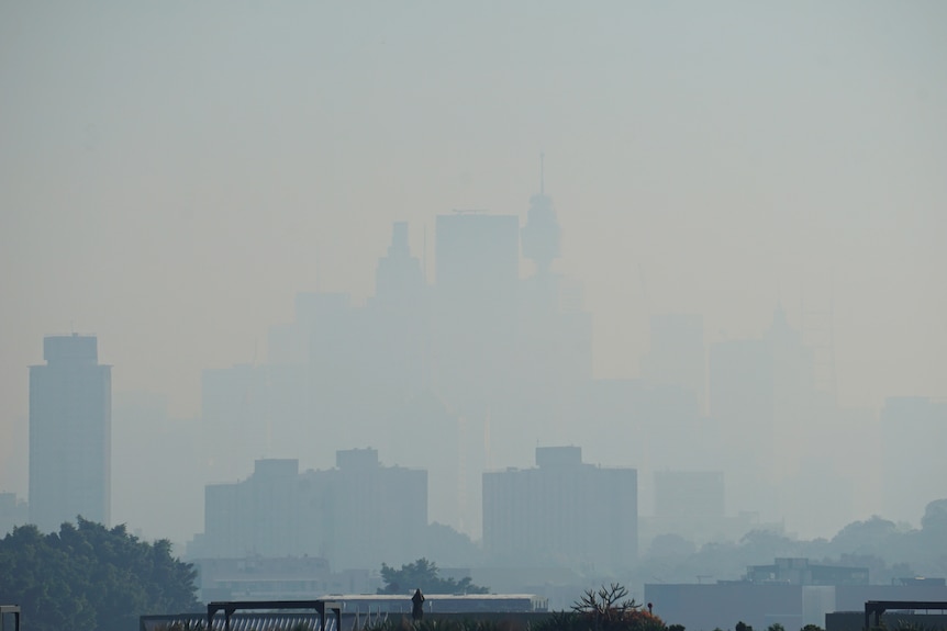 A city skyline obscured by thick grey smoke.