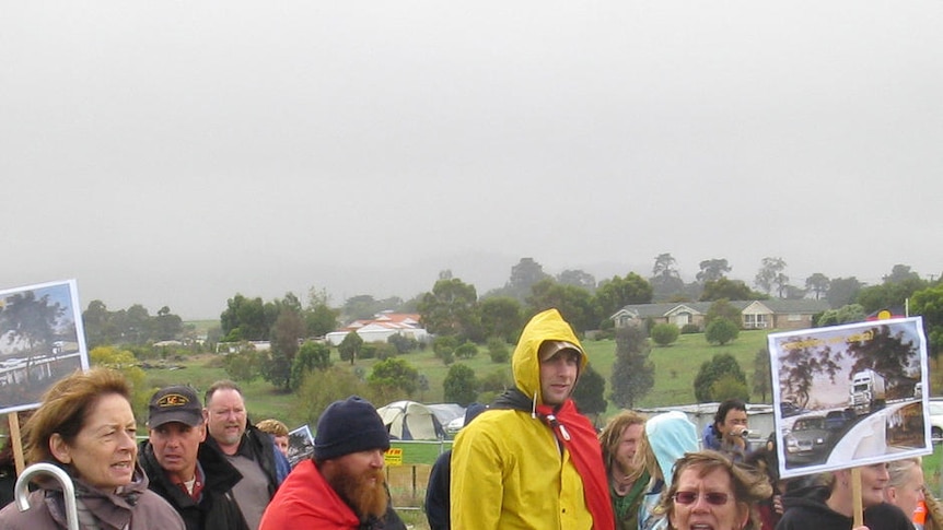 Aborigines protest at the Brighton bypass site where a bridge is being constructed over a heritage s