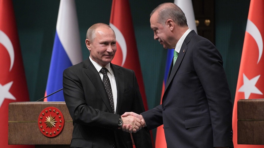 Russian President Vladimir Putin (L) and Turkish President Tayyip Erdogan shake hands