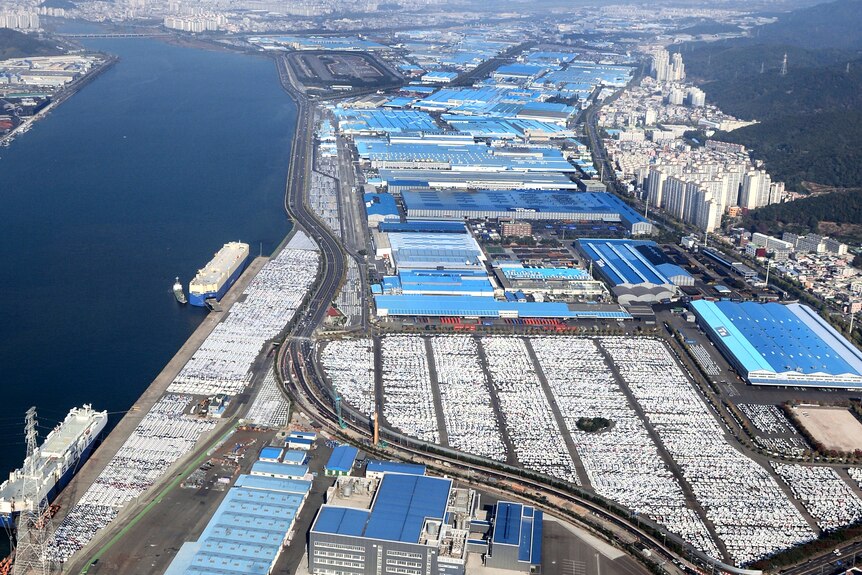 A bird's eye view of a car manufacturing facility in South Korea.