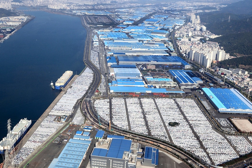 A bird's eye view of a car manufacturing facility in South Korea.