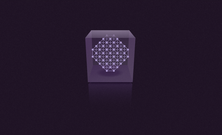 A transparent 3D box with a glowing network of nodes visible inside it