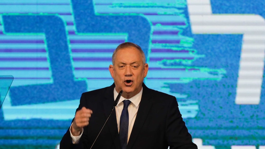 Blue and White party leader Benny Gantz speaks after exit polls for the Israeli elections.