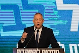 Blue and White party leader Benny Gantz speaks after exit polls for the Israeli elections.