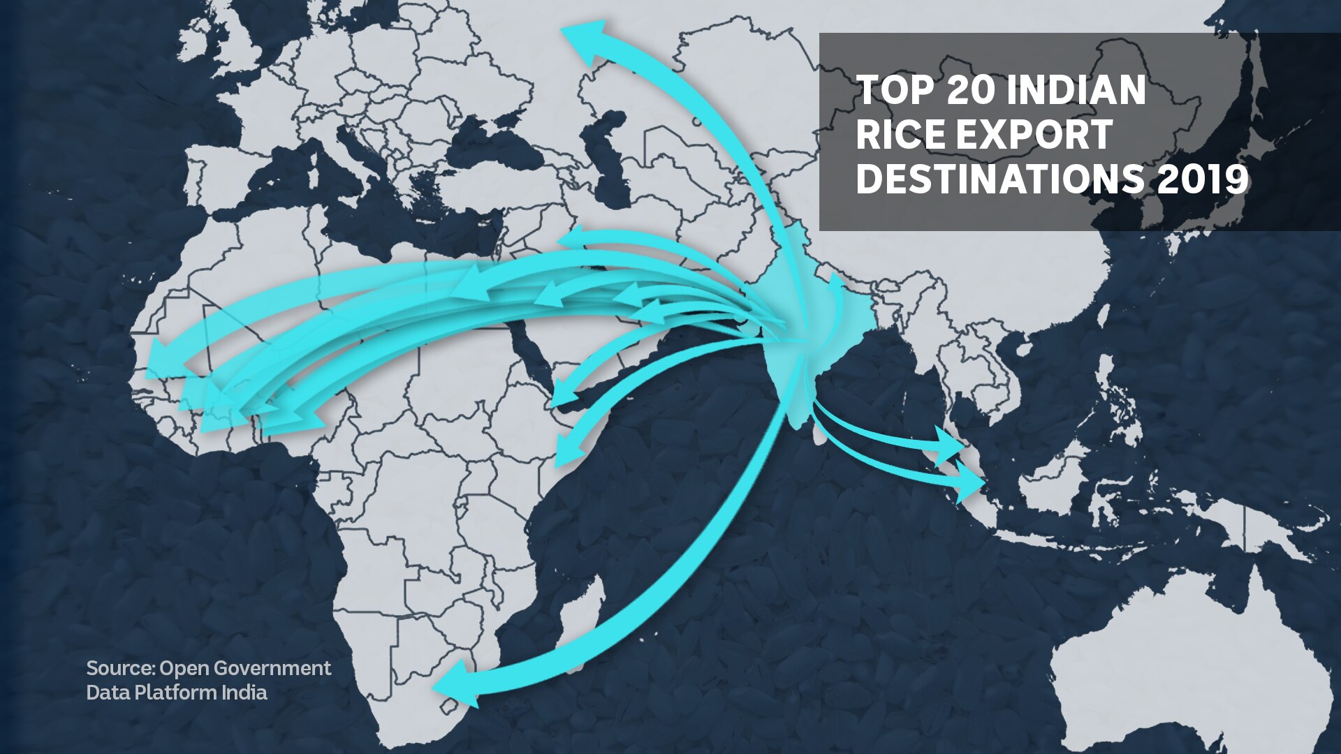 a world map map shows 20 arrows pointing from India to export countries, most in Africa and the Middle East