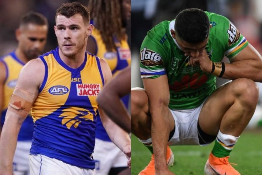 A composite image of a West Coast Eagles player and a Canberra Raiders player looking dejected on the field.