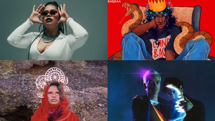 4 images: BARKAA, BARKAA's album art, Ngaiire in a tiara, Robbie Chater and Tony di Blasi from the Avalanches