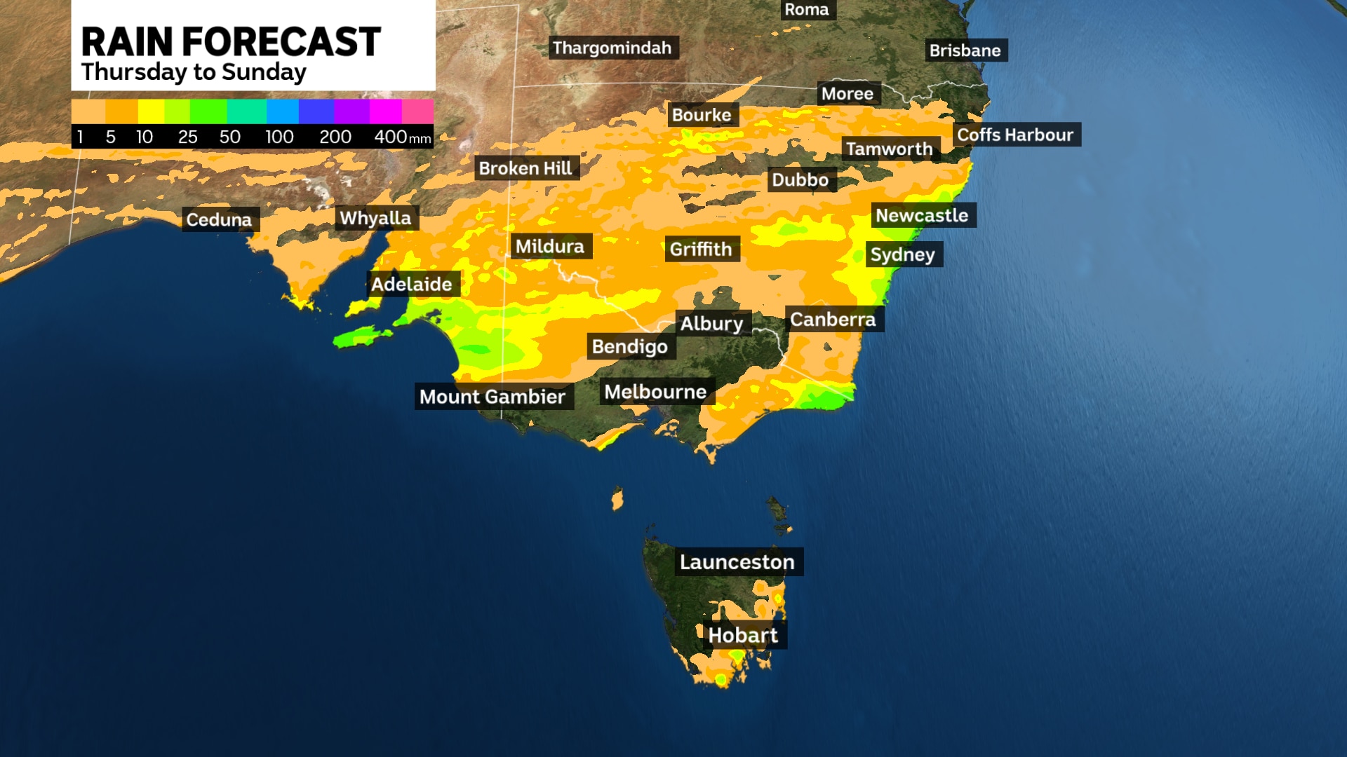 Rain forecast Thursday to Sunday on map of Australia