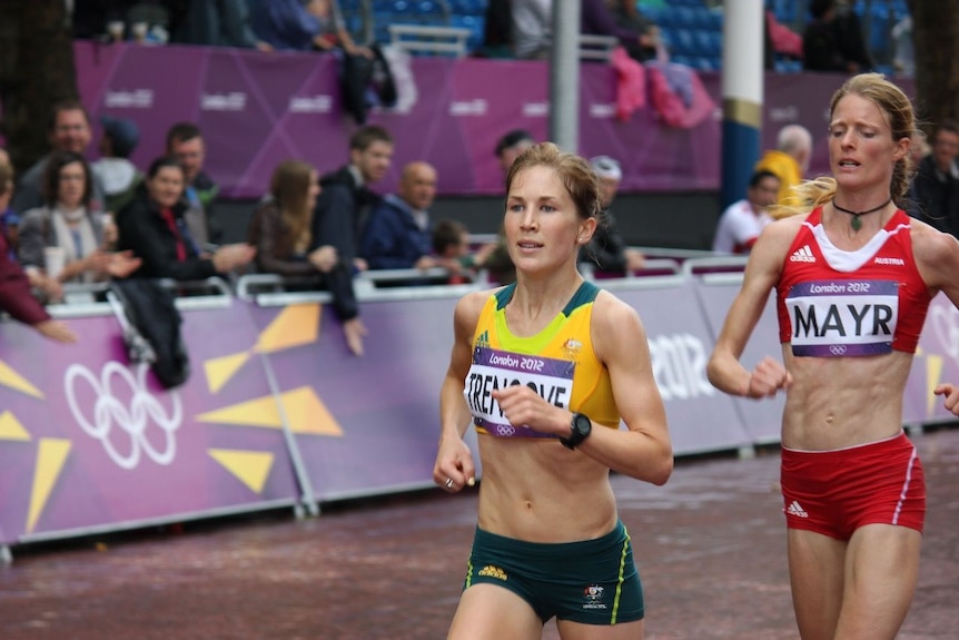 Two female marathon athletes running at the London Olympics