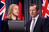 A composite image of a female and male politician standing at a podium with an Australian flag in the background