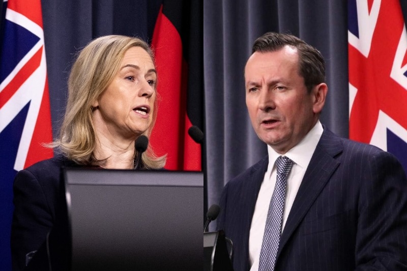 A composite image of a female and male politician standing at a podium with an Australian flag in the background