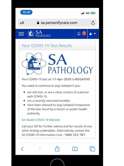 SA Pathology negative COVID-19 text