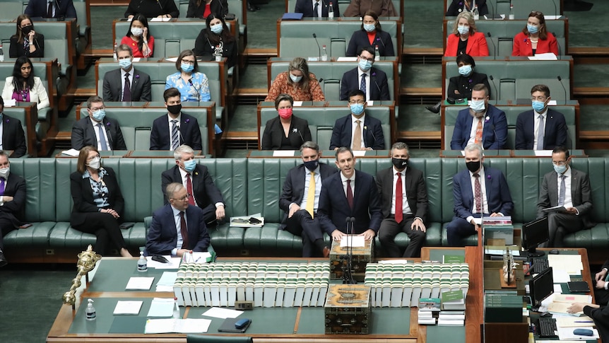 Jim Chalmers gives a speech in parliament as Anthony Albanese and a host of MPs watch on