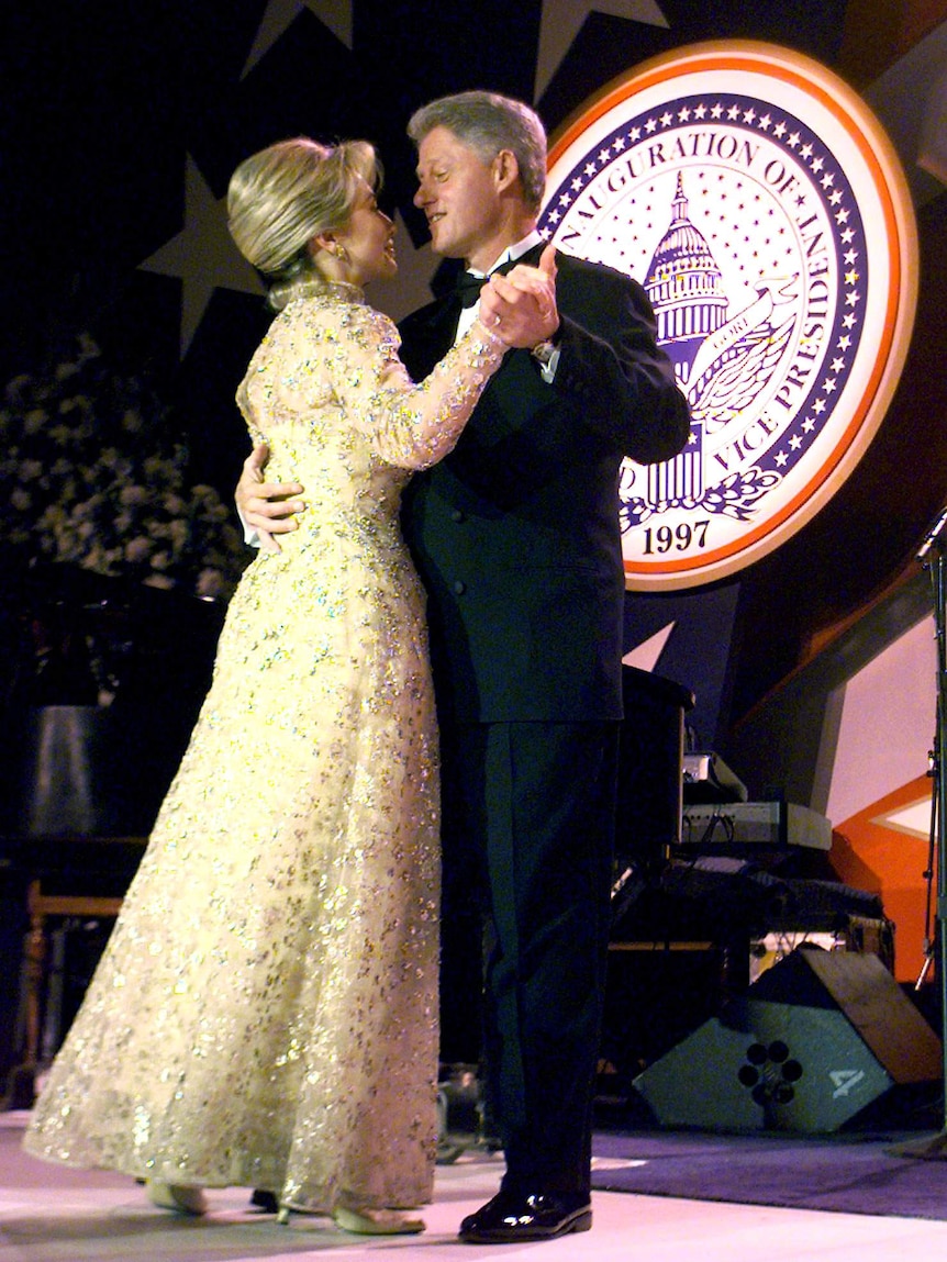 US President Bill Clinton and wife Hillary dance at the New England Ball after his second inauguration.