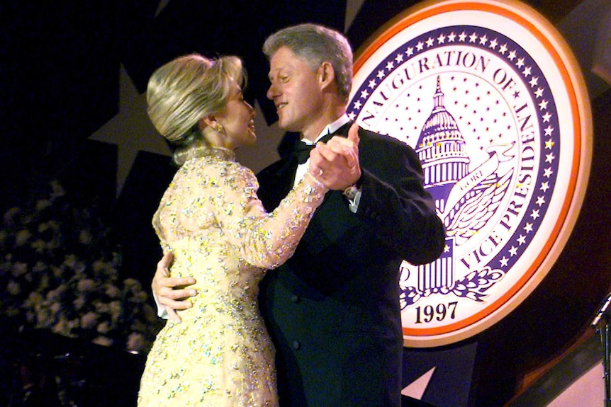 US President Bill Clinton and wife Hillary dance at the New England Ball after his second inauguration.