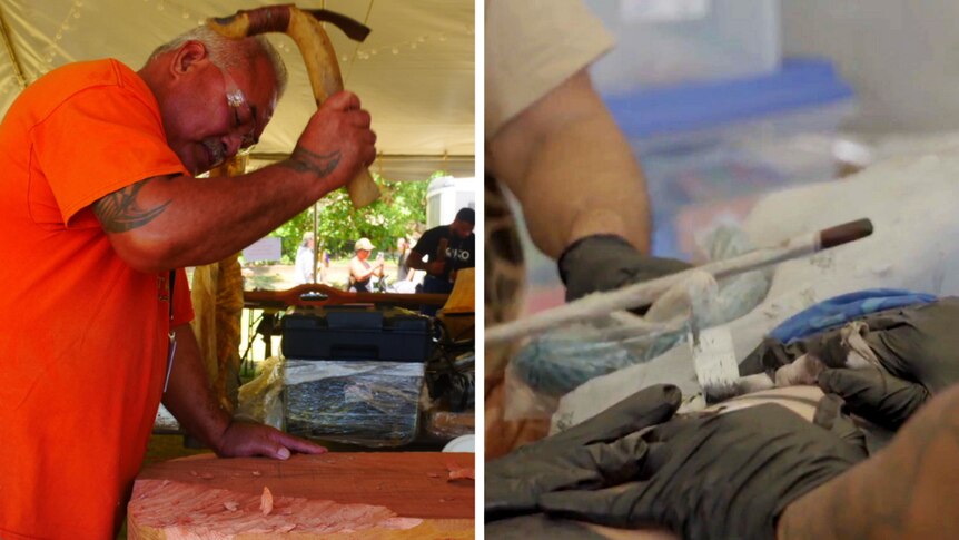 Composite image of a traditional carver at work and traditional tattooing (tatau).