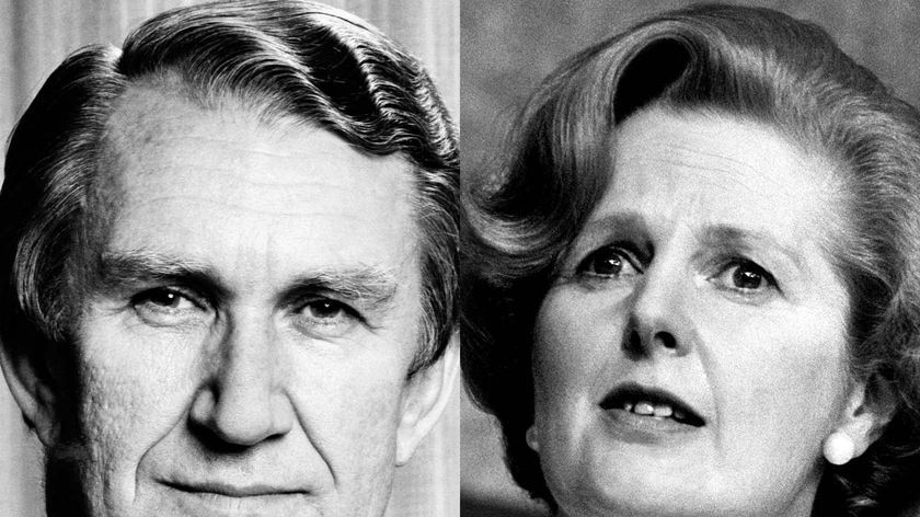 LtoR Former prime ministers Malcolm Fraser (Australia) and Margaret Thatcher (England)