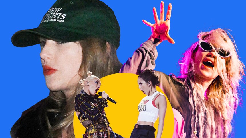 Collage of Taylor Swift, incognito mode with hat, Grimes DJ'ing in sunglasses and Gwen Stefani with Olivia Rodrigo.
