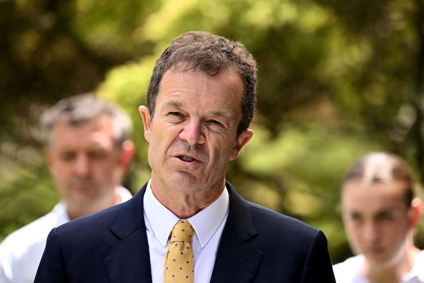 a man talking to the press outdoors