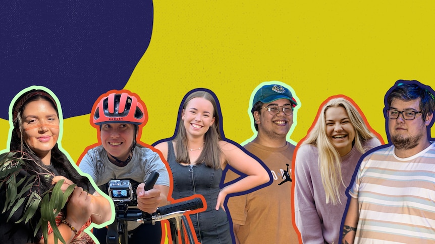 Five young people photoshopped in front of a yellow and blue background.