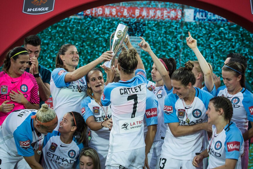 Melbourne City celebrate their Women's W-League final win over Perth Glory in Perth, on February 12, 2017.