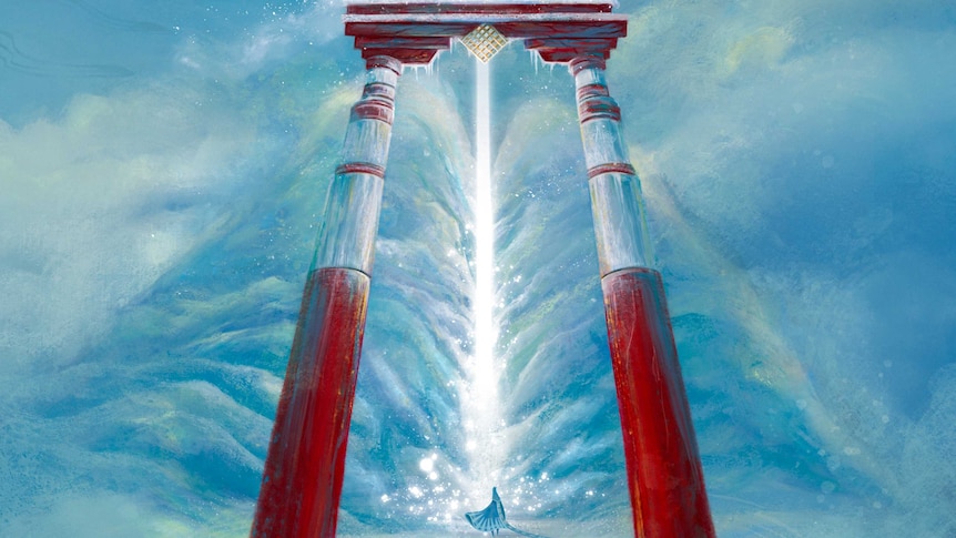 A painting of a light from a snowy mountain, with a hero at the centre and two pillars closeby.