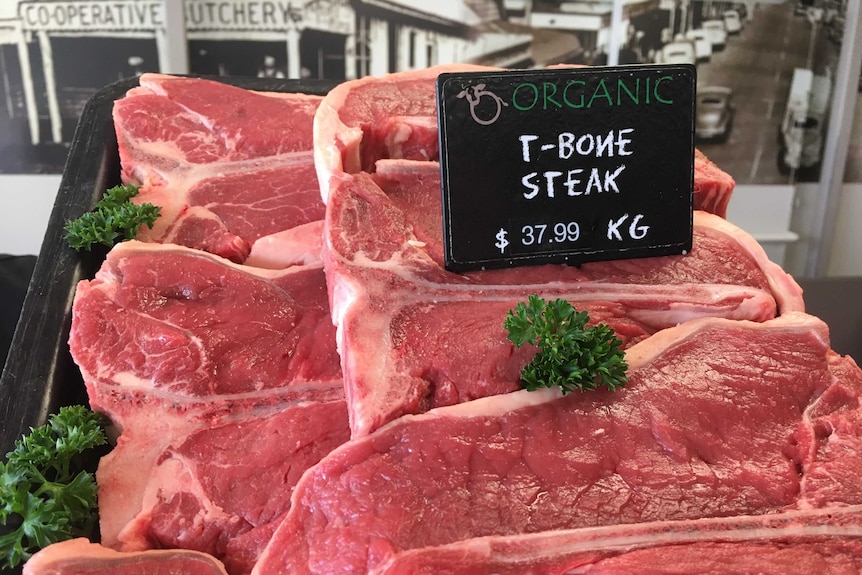 Meat on tray in butcher shop