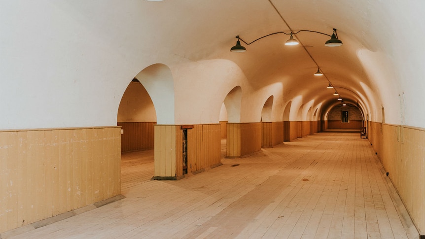 A long, narrow room with a white vaulted ceiling and timber floors.