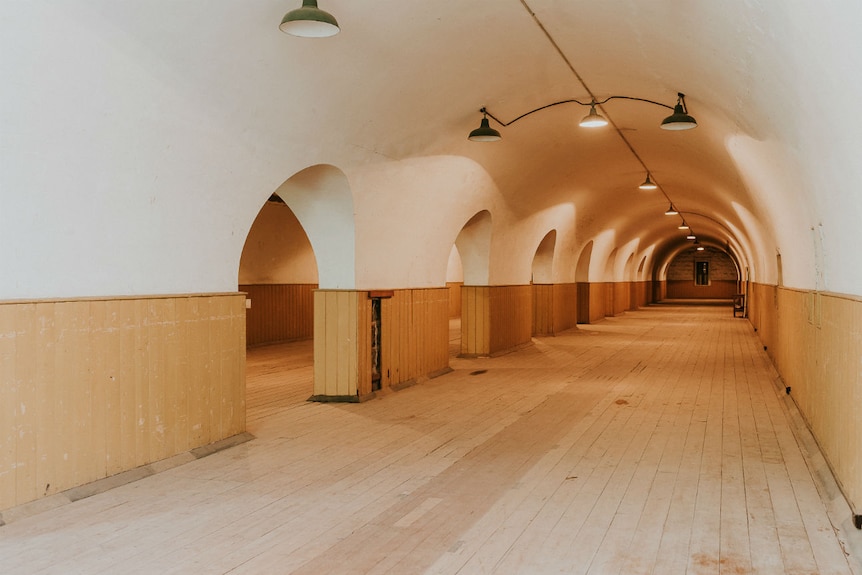 A long, narrow room with a white vaulted ceiling and timber floors.