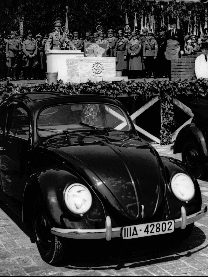 German Nazi leader Adolf Hitler speaks at the opening ceremony of the Volkswagen car factory in Fallersleben, Lower Saxony, Germany