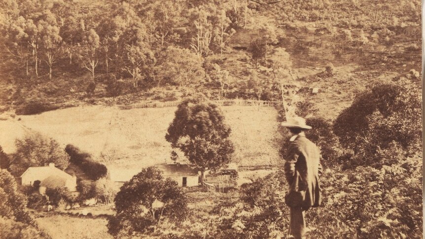 Sepia photo of the back of a man looking at bushland with a small cleared paddock of grass