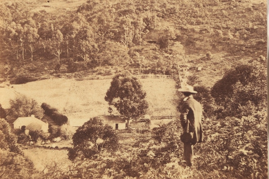 Sepia photo of the back of a man looking at bushland with a small cleared paddock of grass