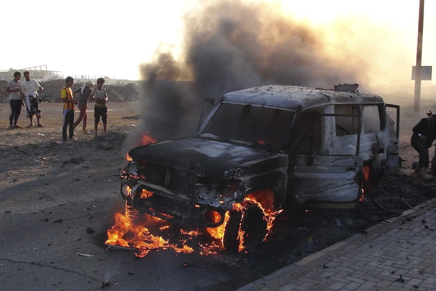 A vehicle belonging to Houthi rebels is destroyed air strikes