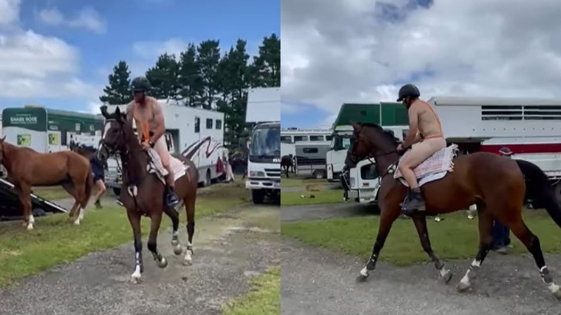 Composite of a man wearing an orange mankini while on a horse