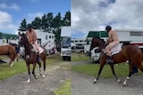 Composite of a man wearing an orange mankini while on a horse