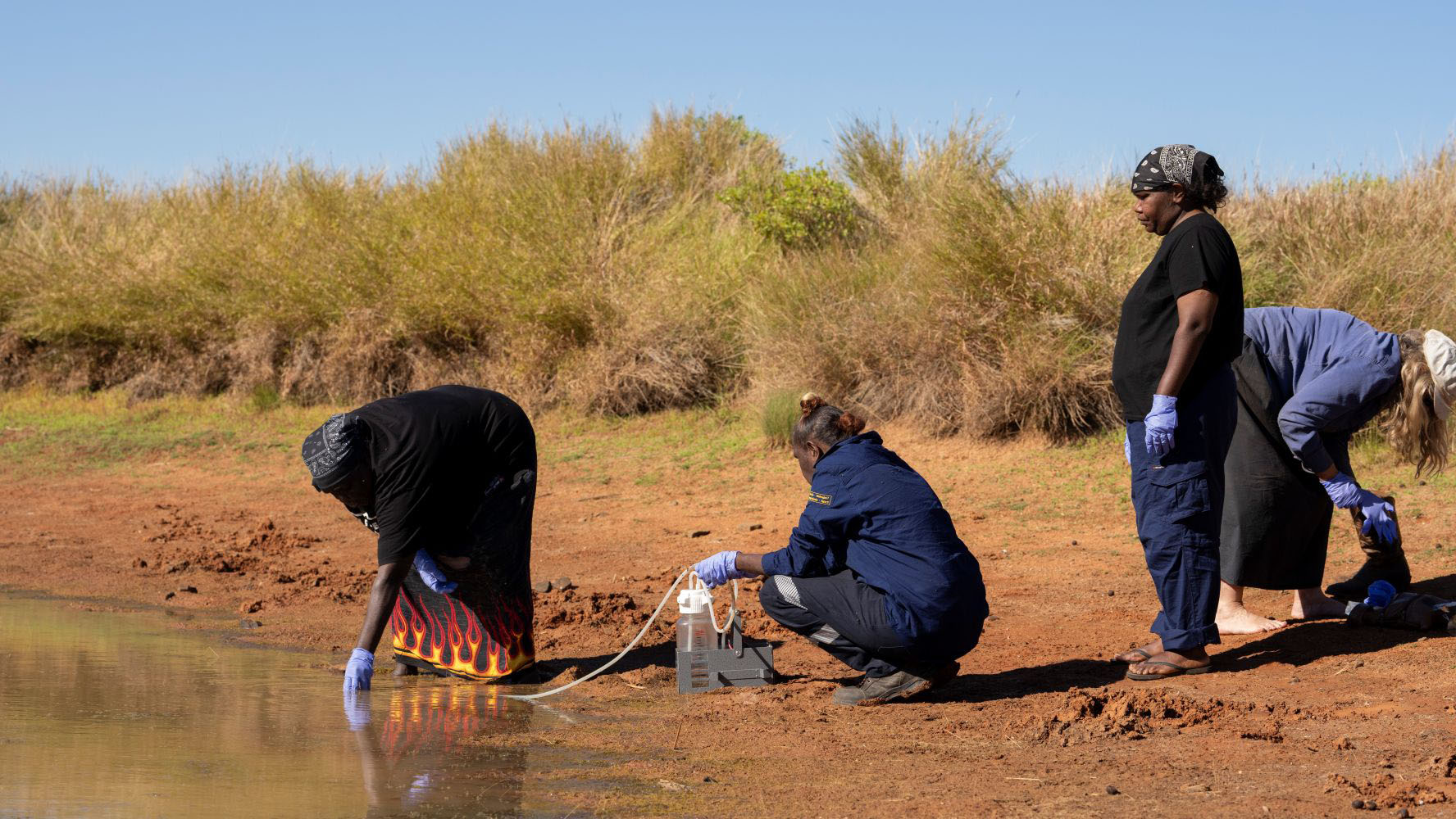 Four women, three of them crouched, with blue gloves next to desert water hole collecting samples.