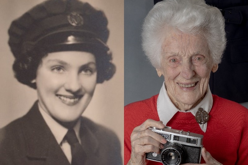 A composite image of an old photo and new photo of a woman