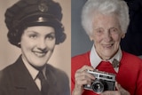 A composite image of an old photo and new photo of a woman