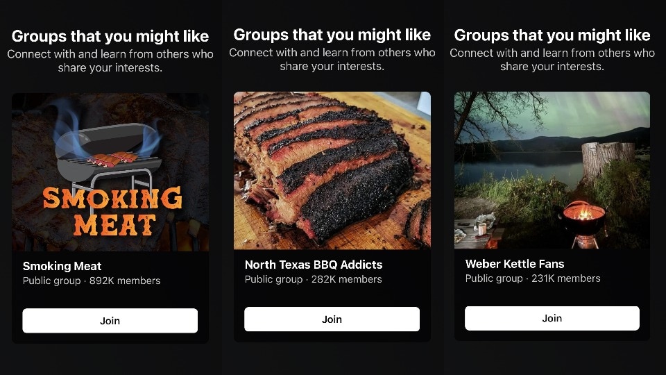 A screenshotted graphic of three Facebook American barbecue groups with pictures of meats and fire-fuelled barbecues