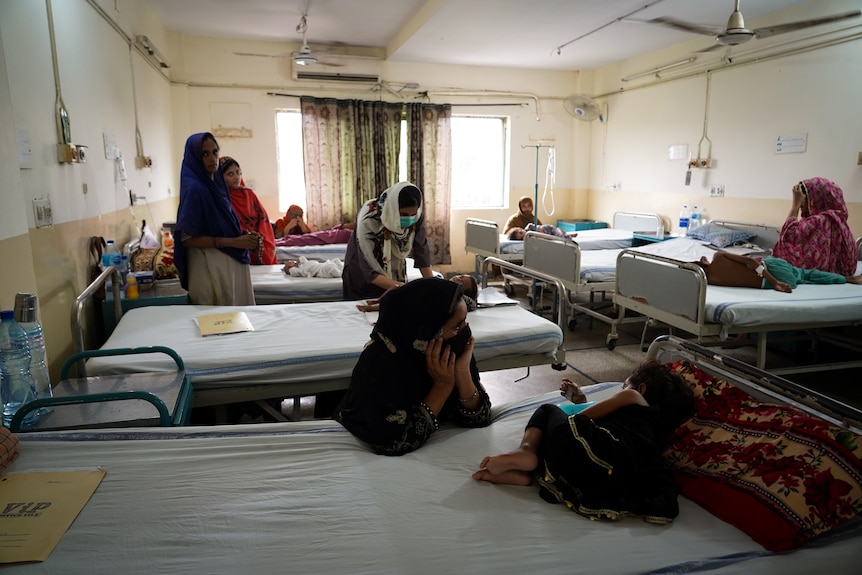 Malnourished children lay on beds in a hospital room, with adults standing and sitting at their bedsides