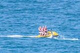 Three girls on a jet ski watching a whale in the ocean.